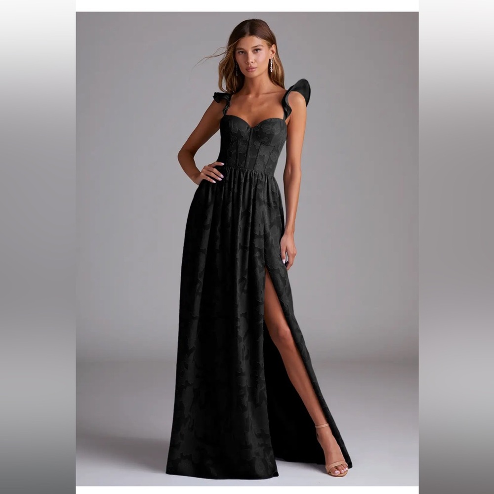 Azazie Denisse Black A-Line Ruched Floral Burnout Dress